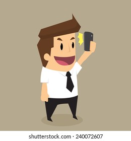 Businessman posing and making selfie shot. Cartoon vector illustration