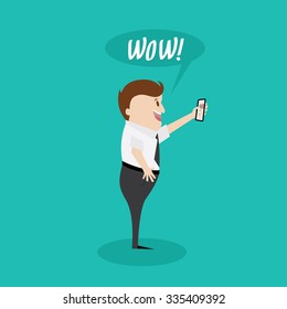 Businessman posing and making selfie shot. Vector illustration