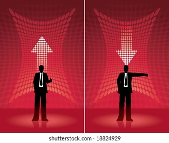 Businessman posing on arrow background. All elements are layered separately in vector file.
