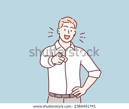  businessman posing on blue background. we want you. Hand drawn style vector design illustrations.
