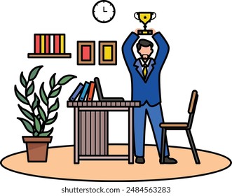 Businessman posing the Success concept, executive holding Trophy vector color design, frelancer life symbol, work from home sign, self serving behaviors stock illustration