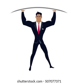 Businessman posing as telamon. Professional support concept design flat style. Business professional support, work success, consultant man hand help, businessman organization management and occupation