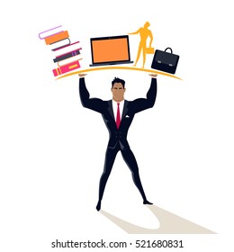 Businessman posing as telamon. Professional support concept design flat style. Business professional support, work success, consultant man hand help, businessman organization management and occupation