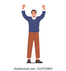 Businessman Positive Emotions, Adult Man in Casual Clothes Waving Hands. Happy Male Character Wearing Blue Sweater and Brown Pants Isolated on White Background. Cartoon People Vector Illustration