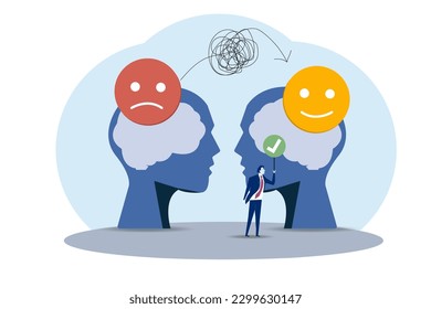 Businessman positive thoughts shift from feeling sad. Optimism and the power of mind to change mood, behavior, decision-making powers