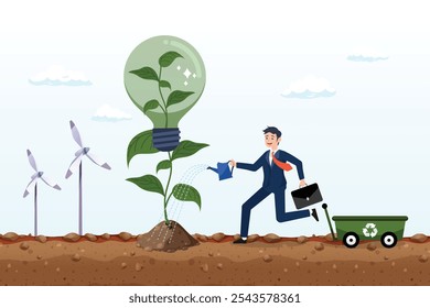 Businessman pouring ecology plant with clean energy, sustainability business, ESG environmental social governance, green or clean energy, eco friendly ecology to help climate change, recycle concept
