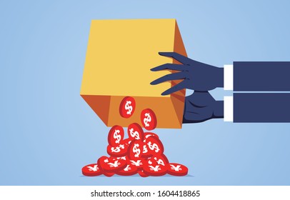 Businessman pouring out a pile of gold coins from the box