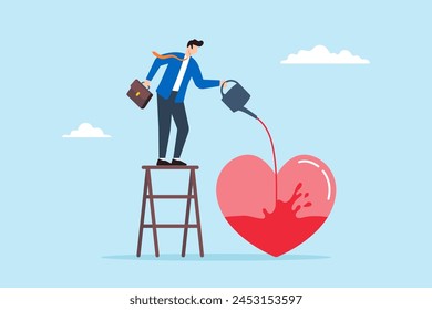 Businessman pouring water to fill heart illustrating work passion and motivation to succeed. Concept of attitude of finding fulfillment in work we love to do, fostering mindset dedicated to success