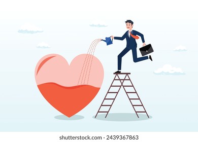 Empresario verter agua para llenar el corazón metáfora de la pasión, la pasión por el trabajo, la motivación para el éxito y ganar la competencia de negocios, la mentalidad o la actitud para trabajar en lo que nos encanta hacer (Vector)