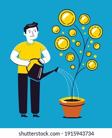 Businessman pours water from watering can on money tree. Money, business concept vector illustration