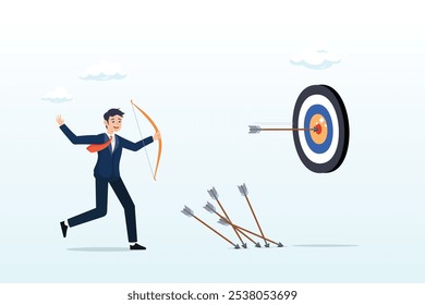 Businessman practicing archery with mistakes until success, practice develop success, effort to improve and achieve target, mistake, failure and discipline to keep practice and reach goal concept