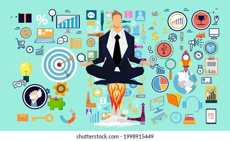Businessman practicing  meditation  with icon set - business startup - for success,plan,think,search,analyze,communicate, innovation technology modern.  