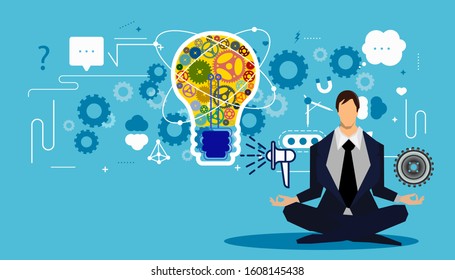 Businessman practicing  meditation with  light bulbs cog - creative modern  idea and concept illustration.