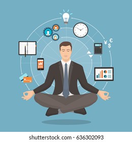 Businessman practicing mindfulness meditation, he is clearing his mind, releasing stress and expressing his potential; yoga and self consciousness concept