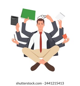 Businessman practicing mindfulness meditation multitasking. Flat vector illustration isolated on white background
