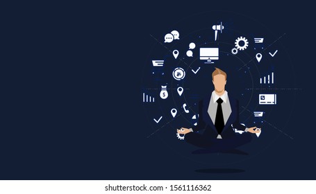 Businessman practicing mindfulness meditation - releasing stressful thoughts and expressing  potential - yoga and self consciousness idea concept with icon Business.