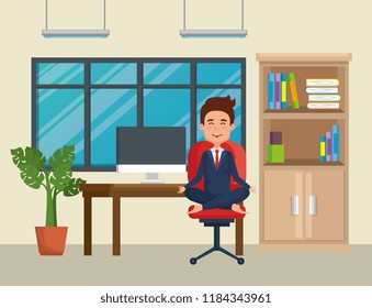 businessman practicing yoga in office chair