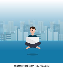 Businessman practicing yoga. IT specialist.Game designer.  Worker practicing yoga. Engineer. Colored big city panorama. Vector illustration