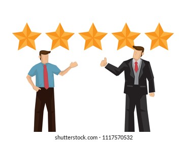 Businessman praise for the work done for the quality service he receive and getting a five star rating. Vector illustration.