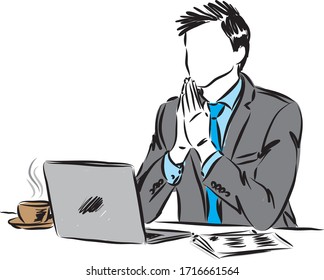 empresario en gesto de oración en ilustración portadora de vectores de computadora