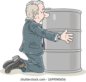 Businessman praying for higher prices of oil, kneeling and embracing a barrel of gasoline, vector cartoon illustration on a white background