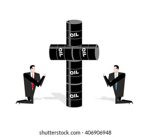  Businessman praying for oil. Cross of oil barrels. Prayer oil quotations. People are standing on their knees in front of black gold. Allegory illustration for magazine business. Adoration of oil.

