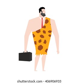 Businessman prehistoric. Ancient boss in skin of giraffe. Neanderthal ina tie. Cro-Magnon to case. Homo sapiens business man. paleanthropic with suitcase. Caveman Director
 svg
