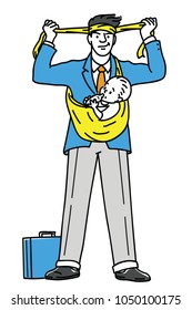 Businessman prepare himself going to work, holding baby under his arms, both working with feeding baby, business concept in super Dad or super father, family life, fatherhood. 