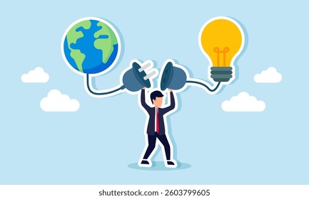 A businessman prepares to connect a power plug linked to a globe and a lit lamp, illustration of connectivity between business market coverage and creative ideas and innovation