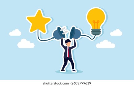 A businessman prepares to connect a power plug linked to a star and a lit lamp, illustration of connectivity between business quality improvement and creative ideas and innovation