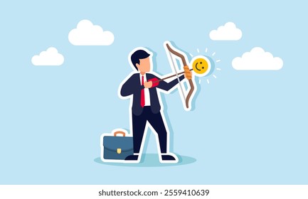 A businessman prepares to shoot an arrow with a happy emoticon, illustration of targeting increased market engagement