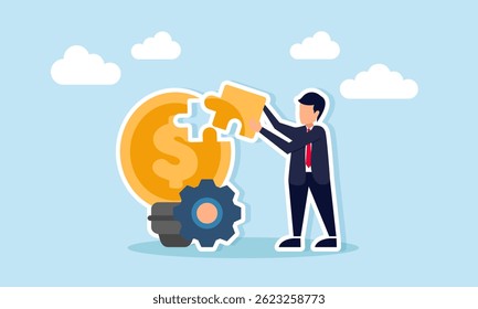 Hombre de negocios que se prepara para completar el rompecabezas ligero de la moneda del dólar que ilustra la terminación de la idea de negocio para la gestión financiera