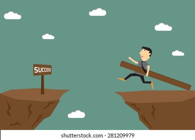 Businessman preparing to jump over a mountain with wood. vector illustration.