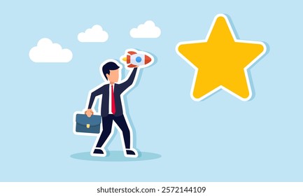 Businessman preparing to launch a rocket toward a star, illustration of targeting business quality improvement