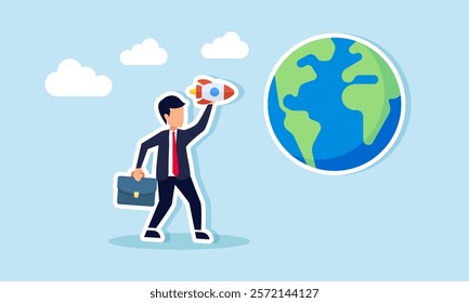 Businessman preparing to launch a rocket toward the globe, illustration of targeting a business to become a global player