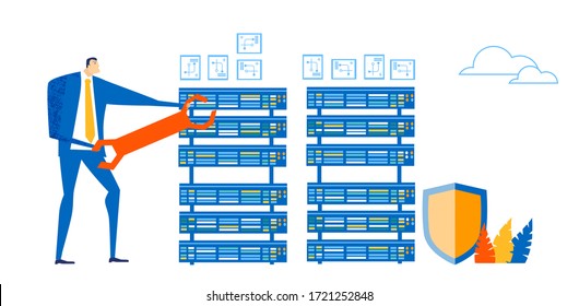Businessman preparing and looking after server. Technology, big data, information safely idea.  Business concept illustration