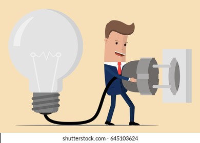 Businessman is preparing to plug a light bulb into the socket. Business concept . Vector illustration