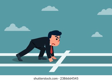 Businessman preparing to run to start a business, start a new job, or prepare to focus on a goal. Confident businessman prepares at the starting line and is ready to win the race. Vector illustration