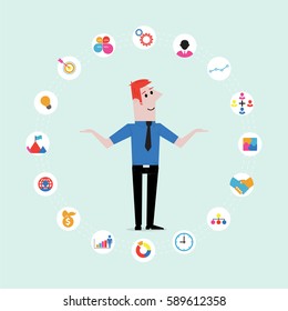 Businessman present business icons.Businessman juggling business icons.Concept business vector illustration