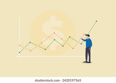 Businessman present financial chart with uptrend line graph and numbers in stock market. concept of growth, profit or increase revenue and success