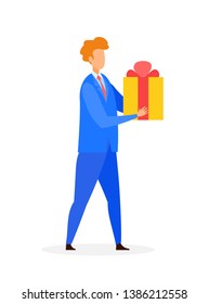 Businessman with Present Flat Vector Illustration. Guy in Formal Clothes Cartoon Character. Young Redhead Man Carrying Surprise Birthday Gift. Male Model in Blue Suit Holding Box with Ribbon