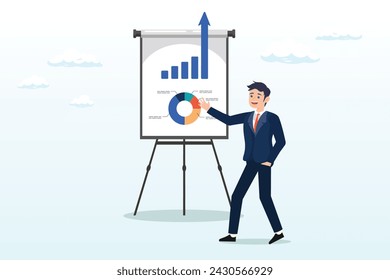 El empresario presenta el gráfico con el gráfico de barras de la mejora alta, presenta el crecimiento de la compañía, aumenta la ganancia o aumenta los ingresos, la inversión del éxito o el crecimiento de las ventas, informe o estadísticas de la mejora (vector)