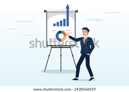 Businessman present graph with high improvement bar chart, present company growth, boost profit or increase revenue, success investment or growing sales, report or improvement statistics (Vector)