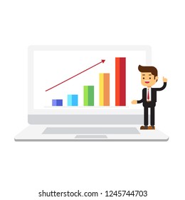 businessman present graphs on the in computer laptop display