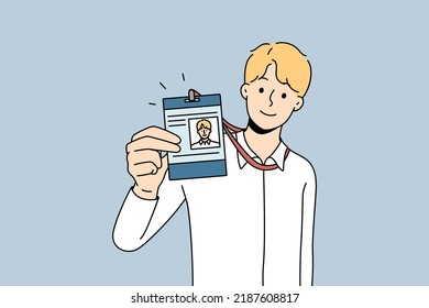 Businessman Present ID Card In Office. Smiling Male Employee Showing Personal Badge At Workplace. Staff Document. Vector Illustration. 