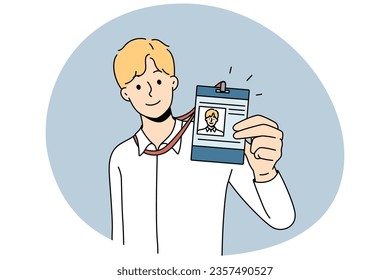 Businessman present ID card in office. Smiling male employee showing personal badge at workplace. Staff document. Vector illustration.