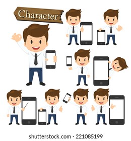 Businessman present phone character set vector 