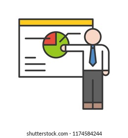 businessman present pie chart on board, business and seo concept icon, editable stroke outline