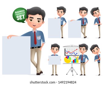 Businessman presentation characters vector set. Business man character with whiteboard presenting and showing sales chart isolated in white background. Vector illustration.