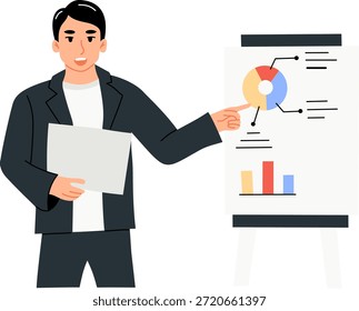 Presentación de hombre de negocios con gráficos y gráficos